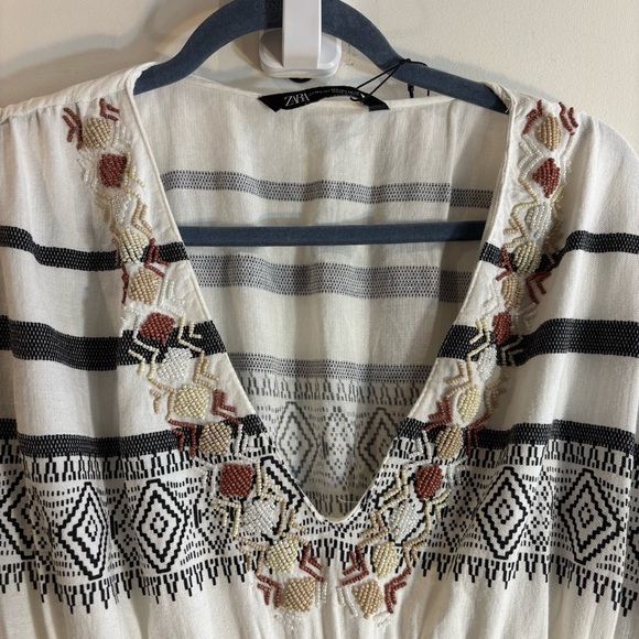 ZARA Sz M-L Gauzy Drawstrings Tassels Beaded V-Neck Striped Maxi Dress NEW - Picture 6 of 13